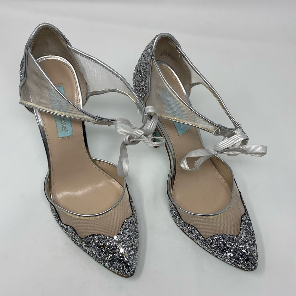 Betsey Johnson Stella Silver Glitter Mesh Ankle Tie Heels Size 7